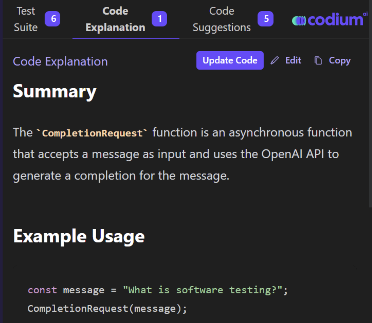 code explanation generated by CodiumAI