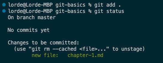 Screenshot of "git status" after adding files to git