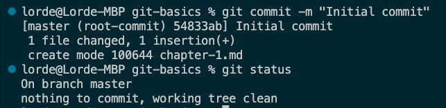 Screenshot of "git status" after committing files to git