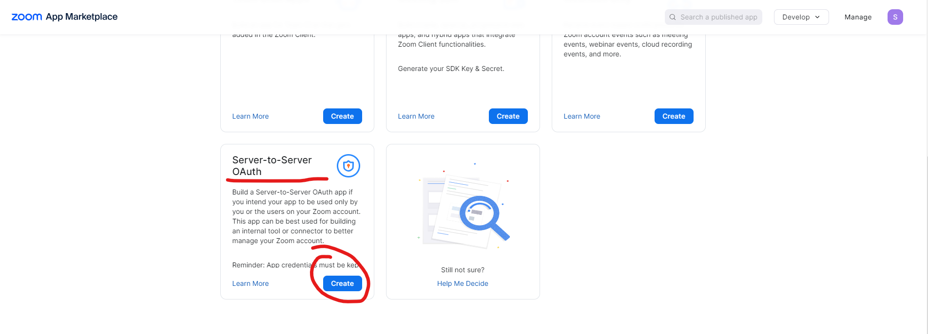 Zoom marketplace - Create app
