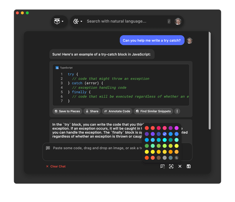 Changing the color of your message bubble in the Pieces desktop app.