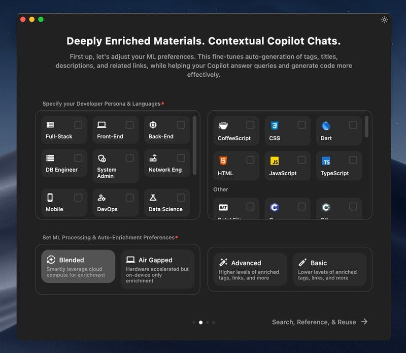 The first screen of Pieces for Developers onboarding.