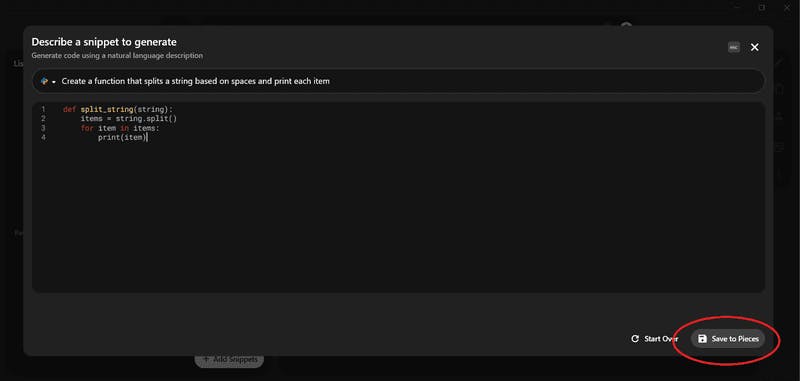 How to save a generated code snippet in Pieces.