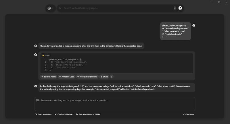 Using Pieces Copilot to find errors in code.