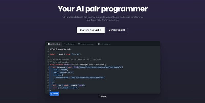 GitHub Copilot landing page.