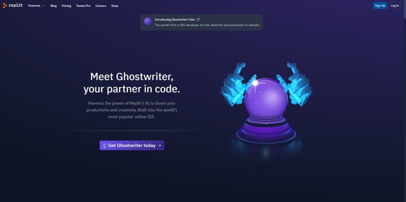 Replit Ghostwriter landing page.