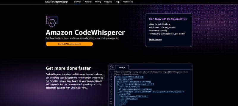 Amazon CodeWhisperer landing page.