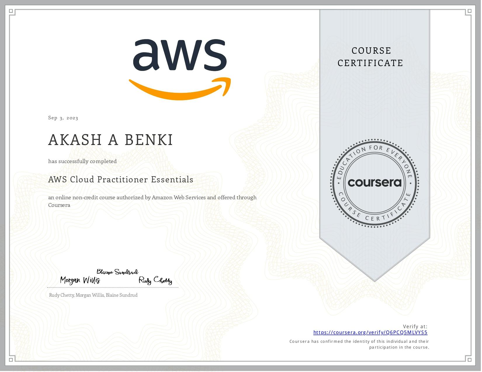 AWS Cloud Practitioner Essentials Course Certification from Coursera