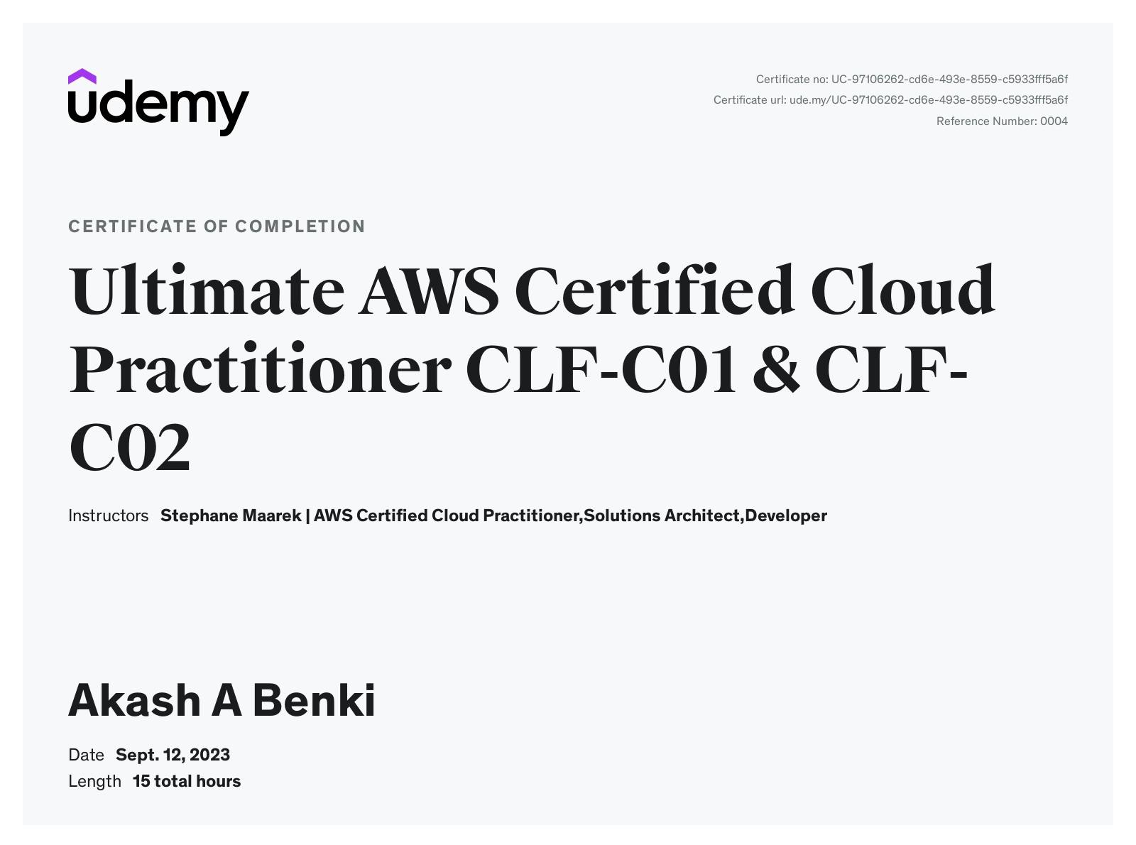 AWS Cloud Practitioner Course (CLF-01) Certification from Udemy