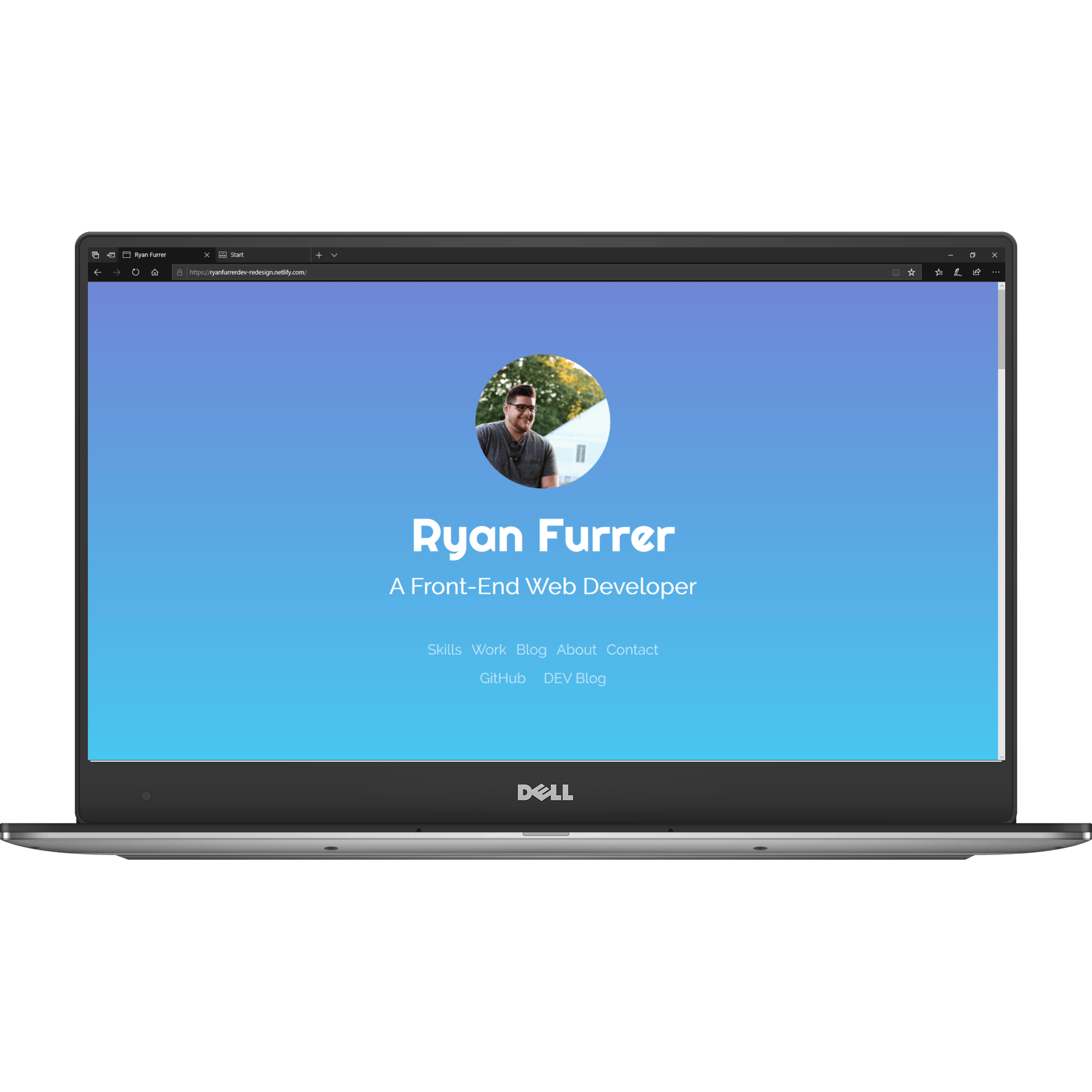 My portfolio site's landing page on a Dell XPS 13 Laptop