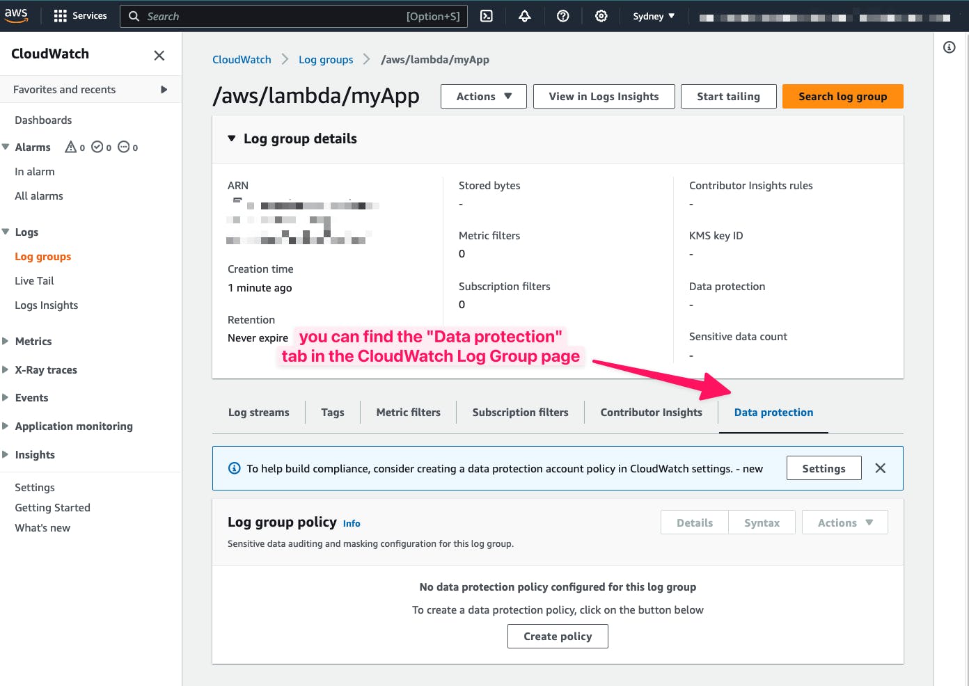 "Data protection" tab in the CloudWatch Log Group page in the AWS Console.