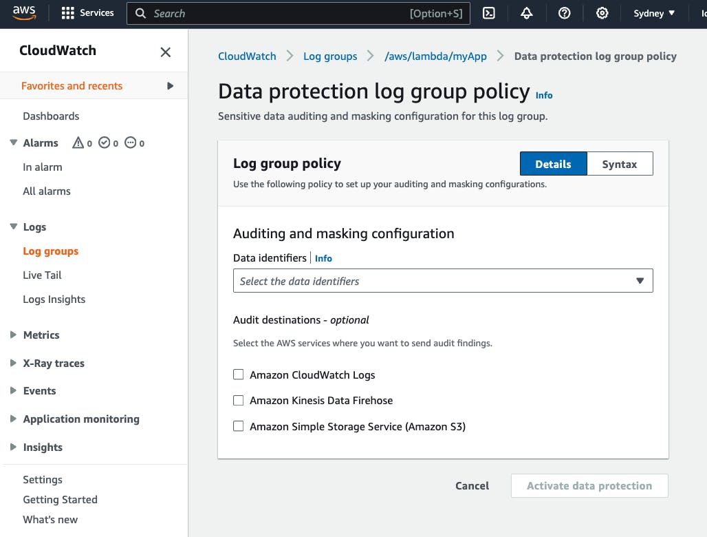 "Create policy" wizard page, with selectbox for data identifiers list.