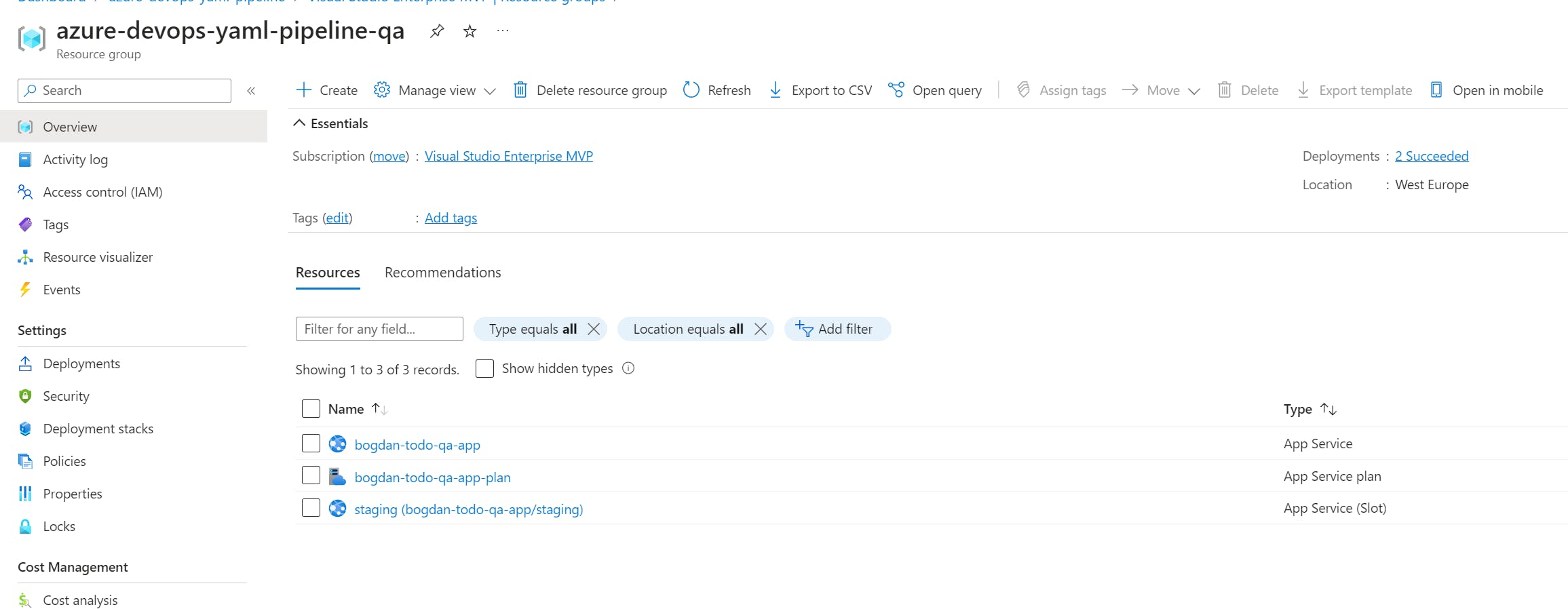 Azure resource group provisioned using Bicep and Azure DevOps YAML pipelines