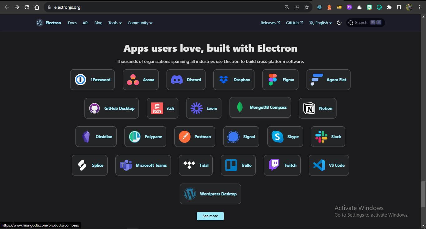 A section of the Electron documentation showing various companies using Electron.