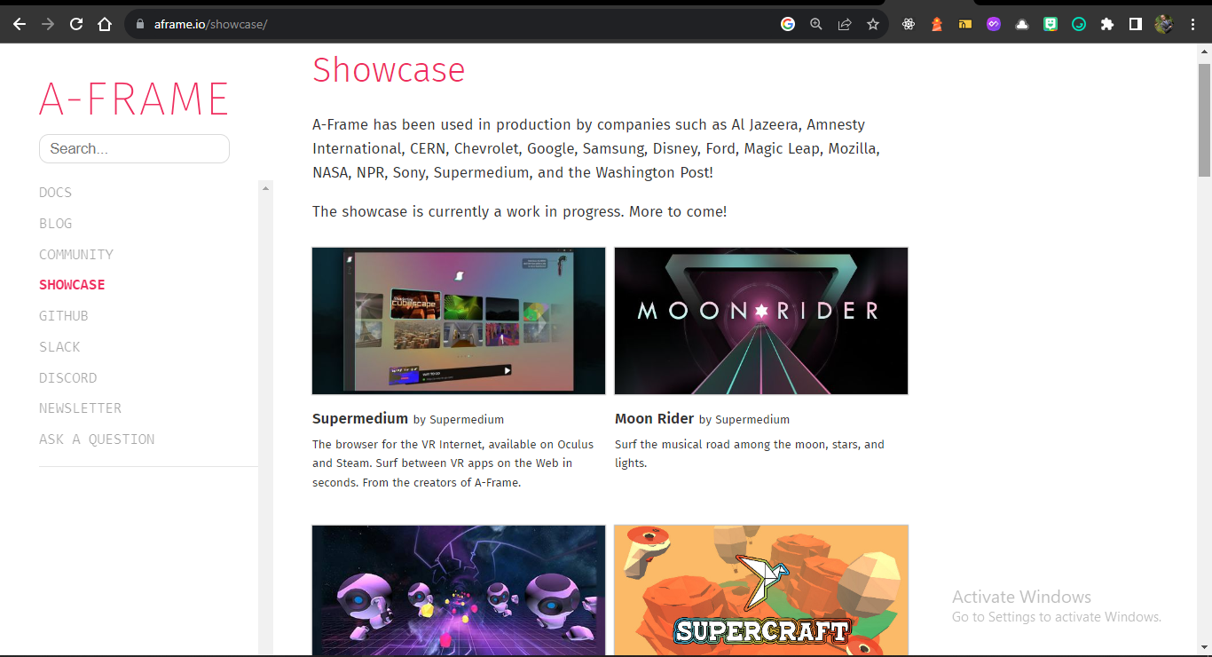 A section of A-Frame with a showcase of web applications built with A-Frame