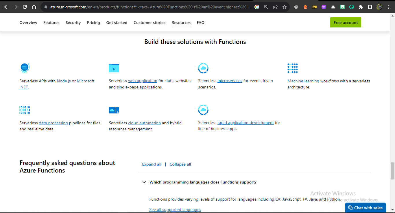  a section of MircoSoft Azure Documentation showing what you can build with Function. FAQs showing that MircoSoft Azure Support JavaScript along with other programming languages.