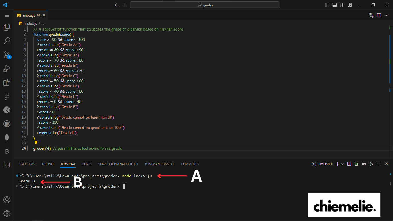 My IDE (VSCode) with the terminal open showing how I implemented the code using Node