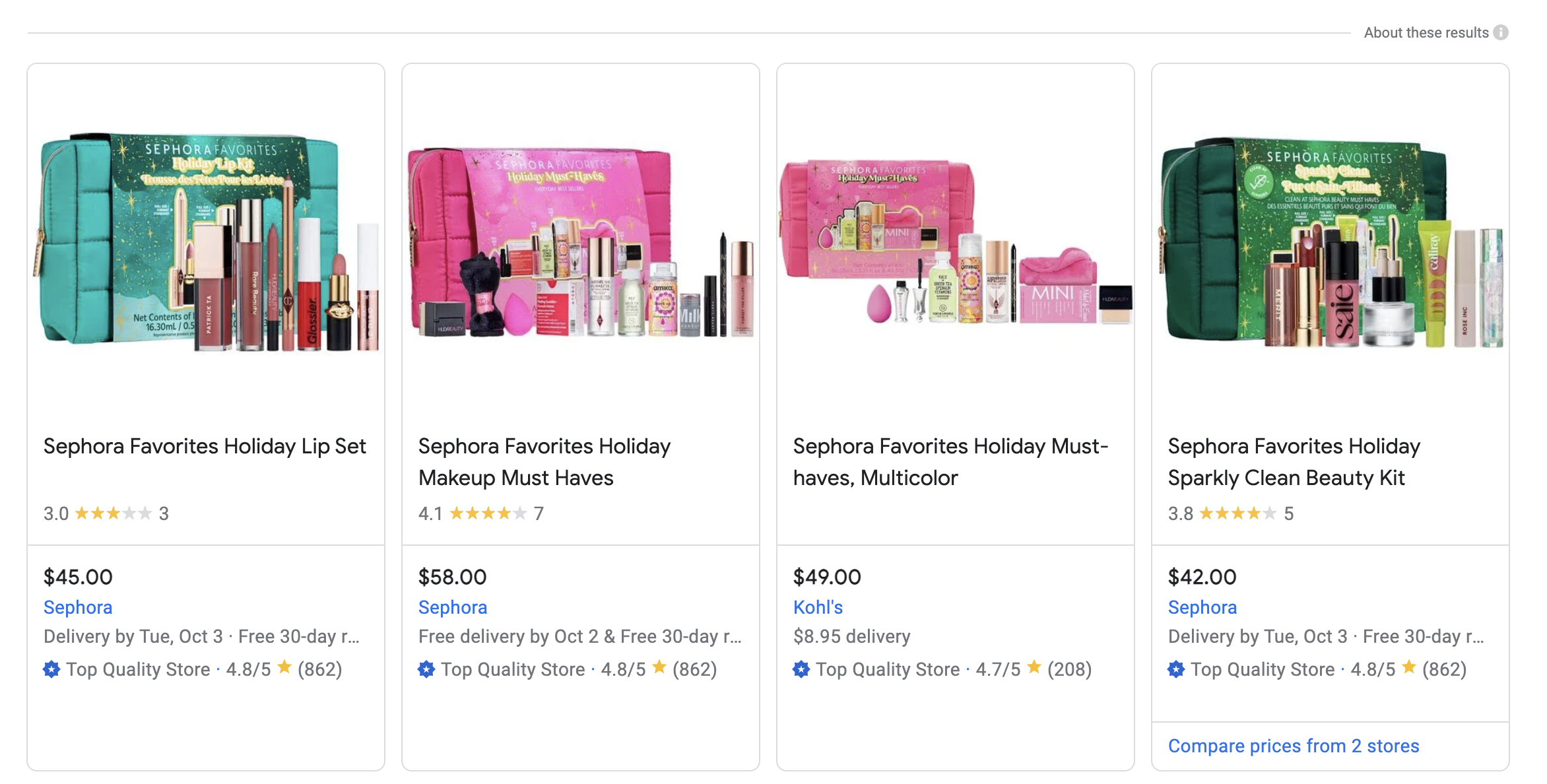 A Screenshot showing Google Shopping page under the free plan with some products that are of beauty products
