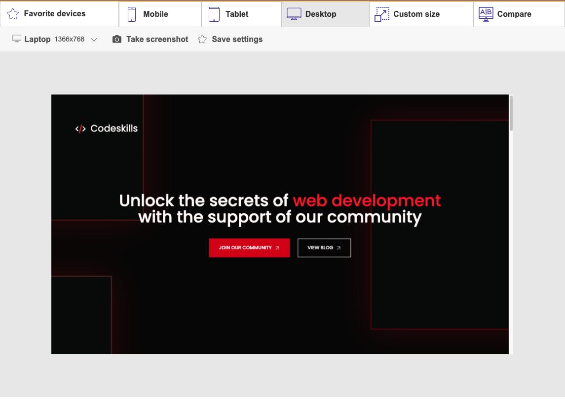 screenshot of codeskills.dev on WebsitePlanet responsive checker