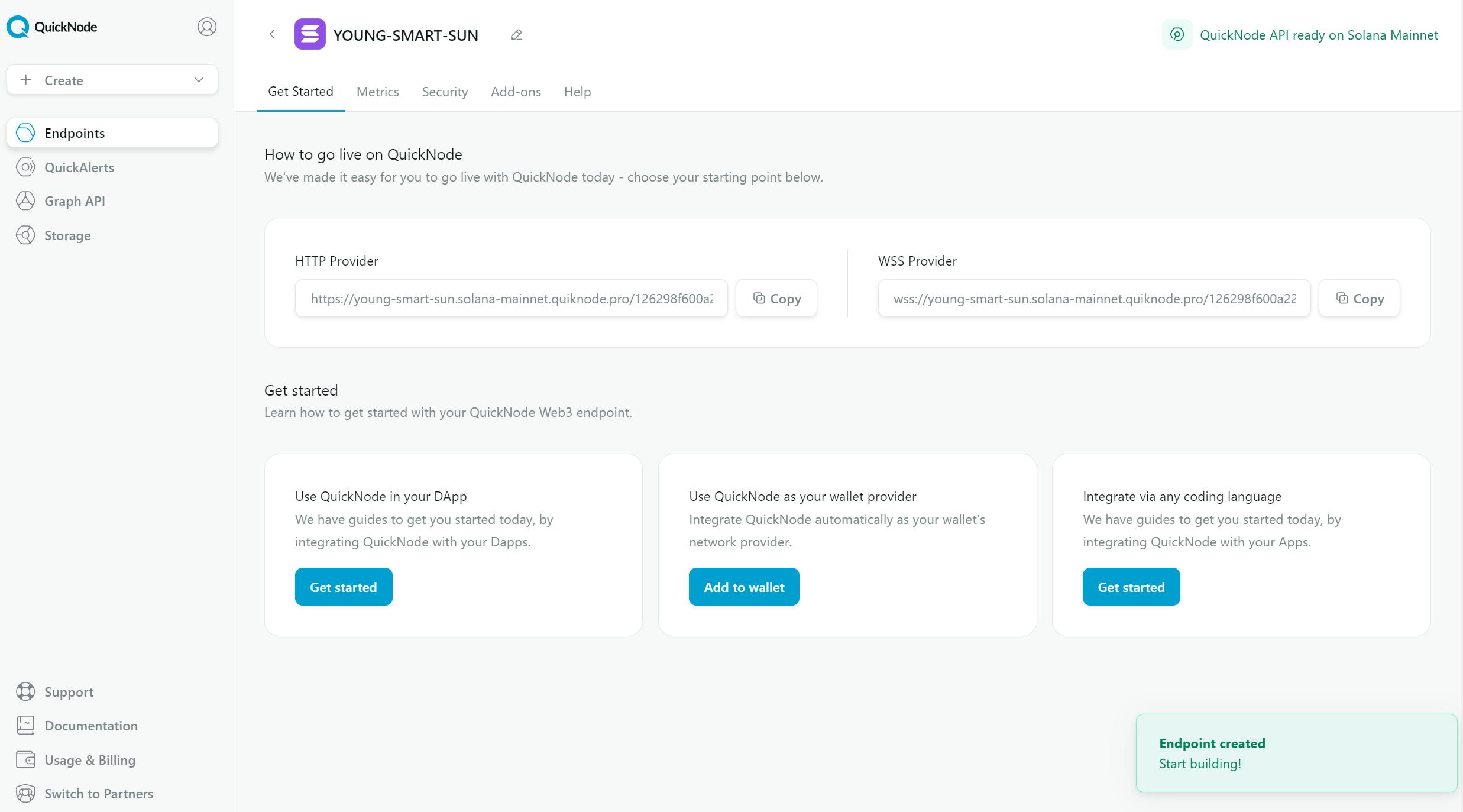 Screenshot of the QuickNode platform to copy our RPC from the desired blockchain