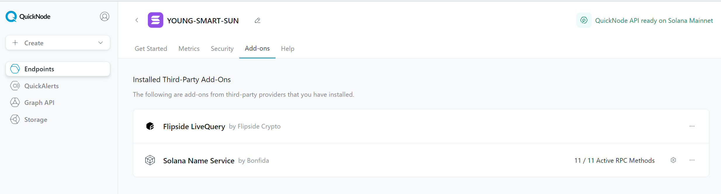 Screenshot of the QuickNode platform where you can see our add-ons activated
