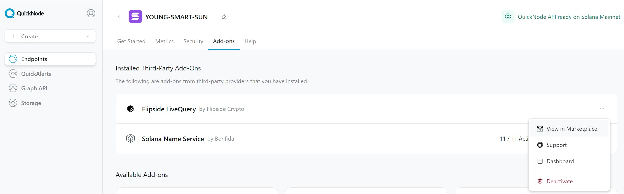 Screenshot of the QuickNode platform where you can see our add-ons activated