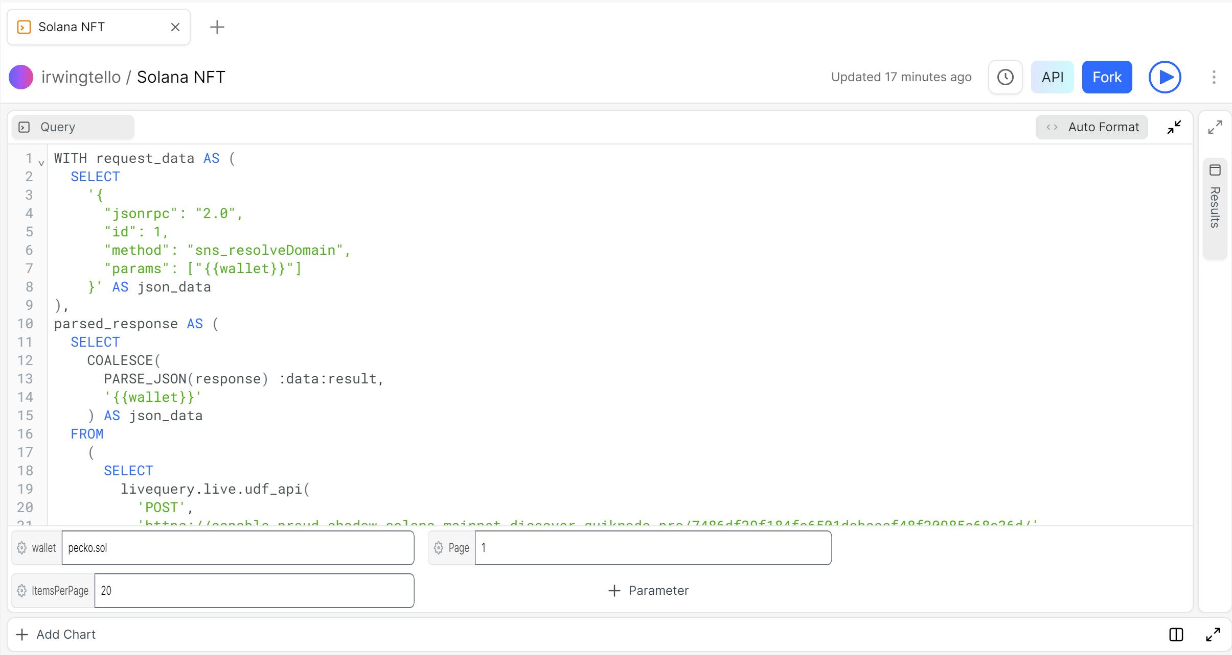 Flipside Dashboard where we created our query with parameters