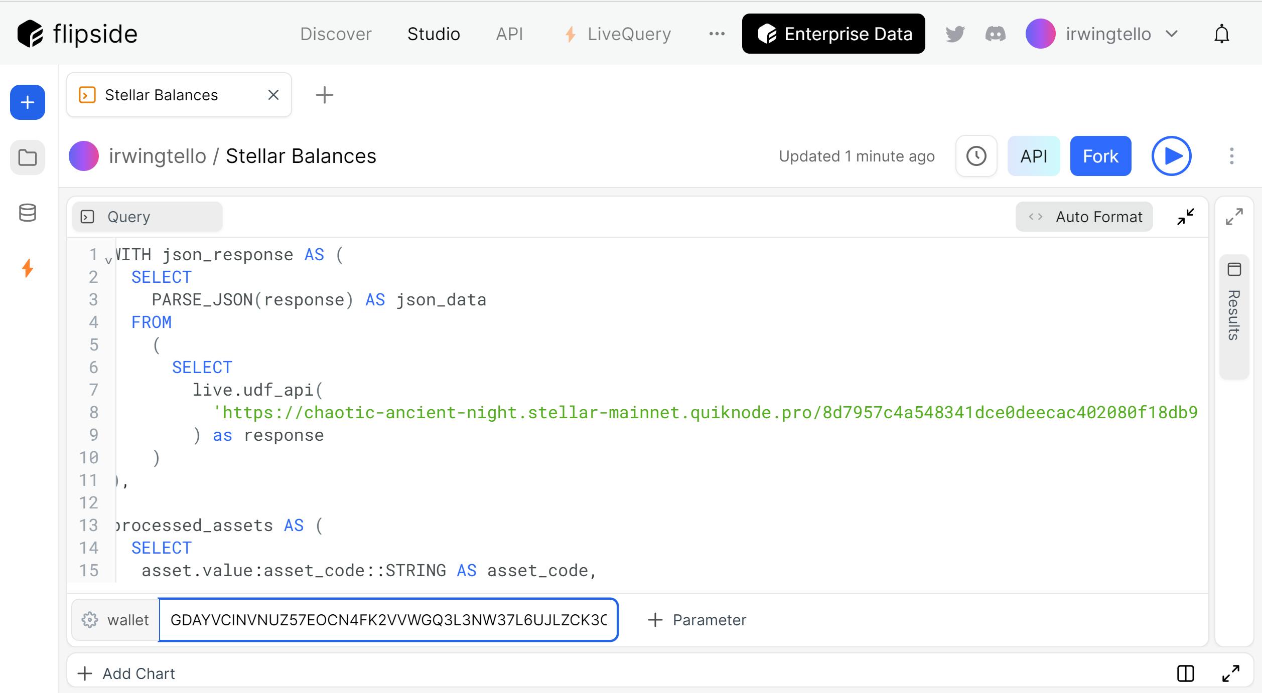 Flipside Dashboard where we created our query with parameters