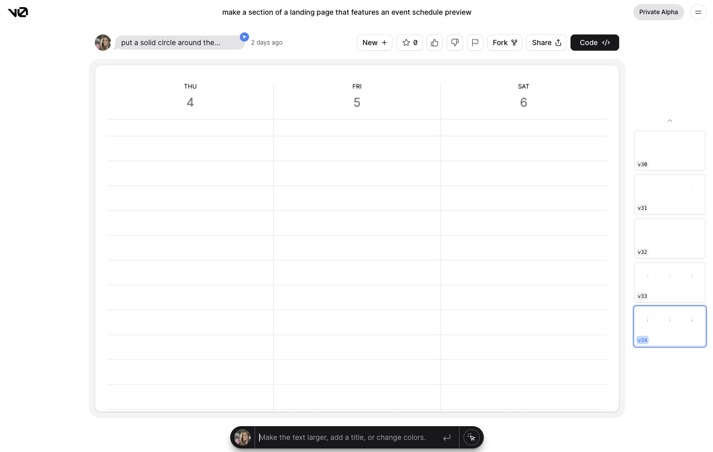 Screenshot of a v0 design that resembles Google Calendar weekly view