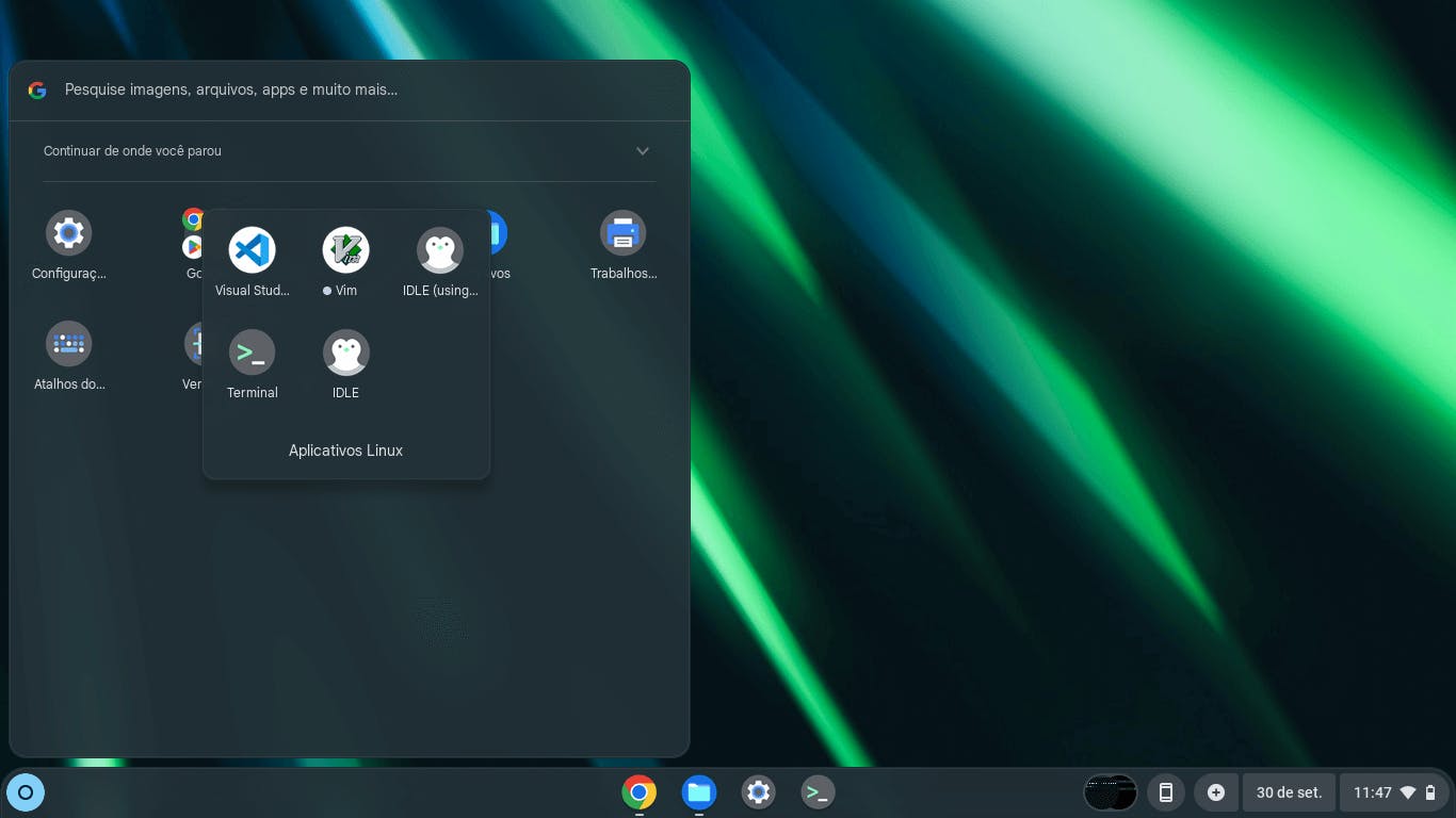 Terminal do Linux no menu do Chrome OS.