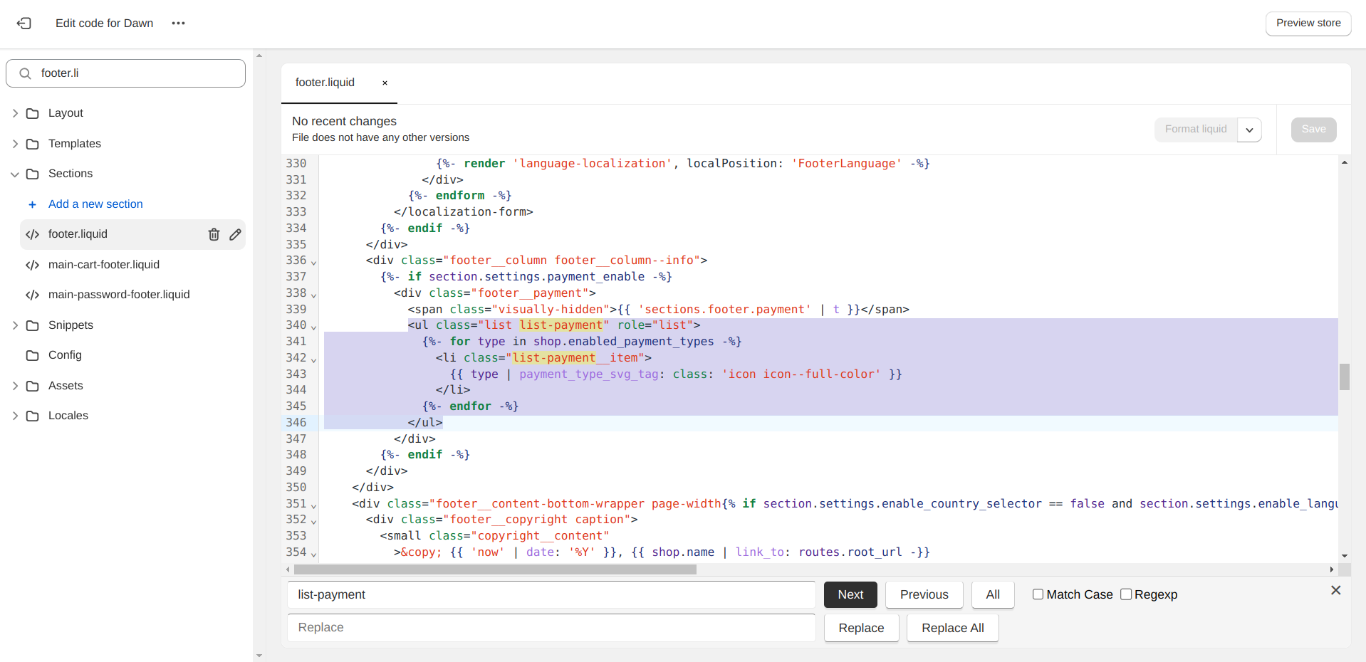 Shopify's code editor