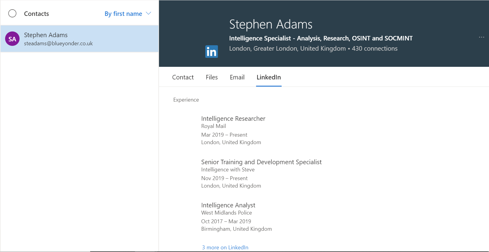 LinkedIn profile details in outlook. Credit - Steve Adams