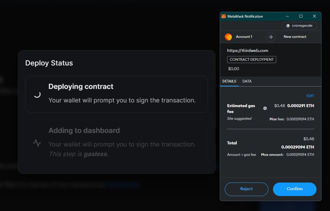 Accept contract deployment transaction on thirdweb