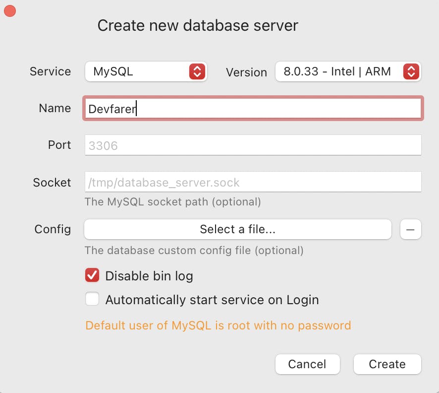 Create a MySQL database in DBngin
