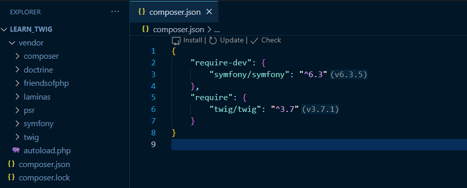 composer.json file. { "require-dev": { "symfony/symfony": "^6.3" (v.6.3.5)}, "require": {"twig/twig": "^3.7"}}