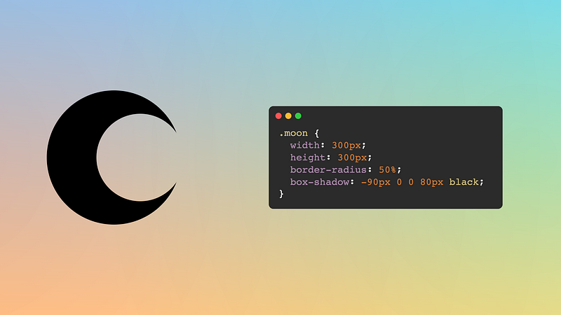 A decrescent moon next to the CSS code to draw it