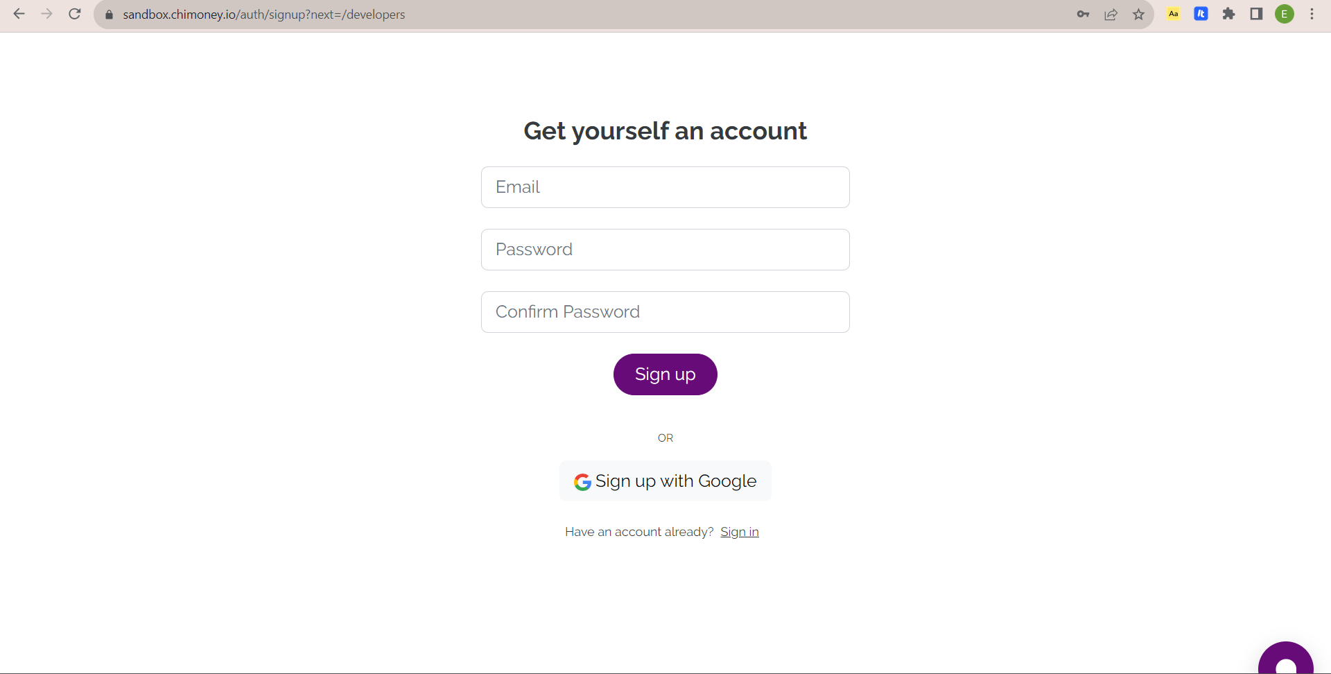 Chimoney sandbox signup page