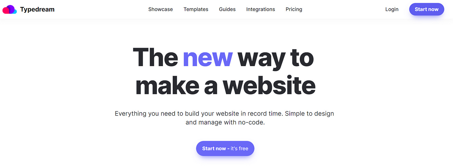 Screenshot of the Typedream website homepage featuring a headline "The new way to make a website" with a brief description and a "Start now - it's free" button.