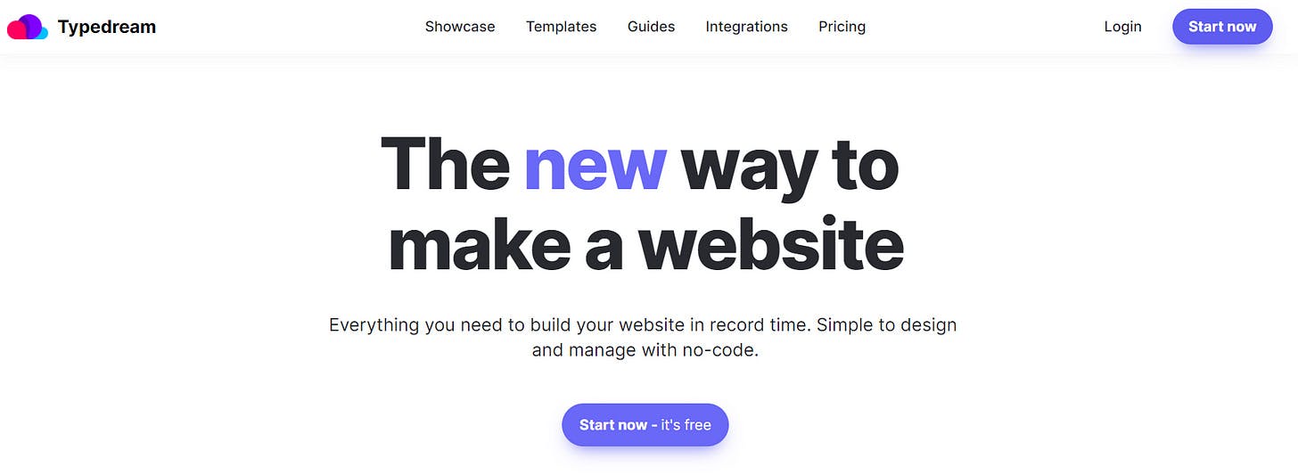 Screenshot of the Typedream website homepage featuring a headline "The new way to make a website" with a brief description and a "Start now - it's free" button.