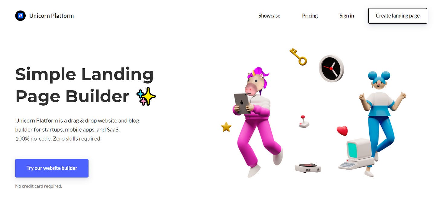 Webpage header for Unicorn Platform featuring a title "Simple Landing Page Builder" with two animated characters: one dressed as a unicorn using a tablet, and another in blue attire with computer accessories, promoting a no-code website and blog builder.