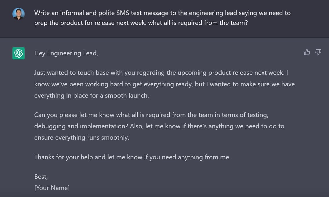 An email draft on a computer screen addressed to an Engineering Lead discussing preparations for an upcoming product release.