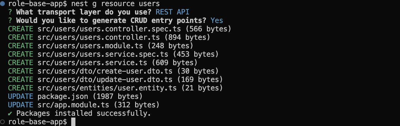 A command line interface displaying the execution of the command `nest g resource users` in a project named "role-base-app." It shows prompts for transport layer and CRUD entry points, and the successful creation of multiple TypeScript files, including controllers, modules, services, DTOs, and entity files, with packages installed successfully.