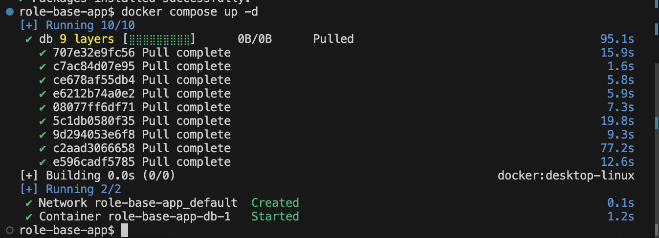 Terminal output showing Docker compose up command pulling 10 images, all layers are successfully pulled and the role-base-app_default network is created, with the role-base-app-db-1 container started.