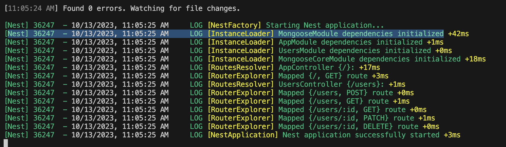 Terminal output showing the initialization of a NestJS application with various modules and routes being mapped. The log indicates no errors and displays timestamps, log levels, and messages related to the application's startup process.