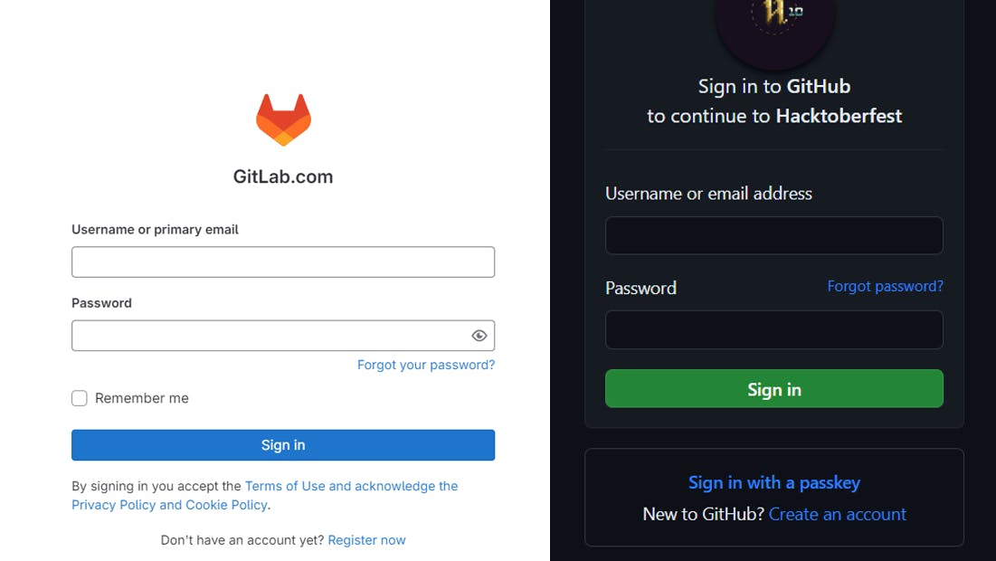 GitLab (left) and GitHub (right) login pages