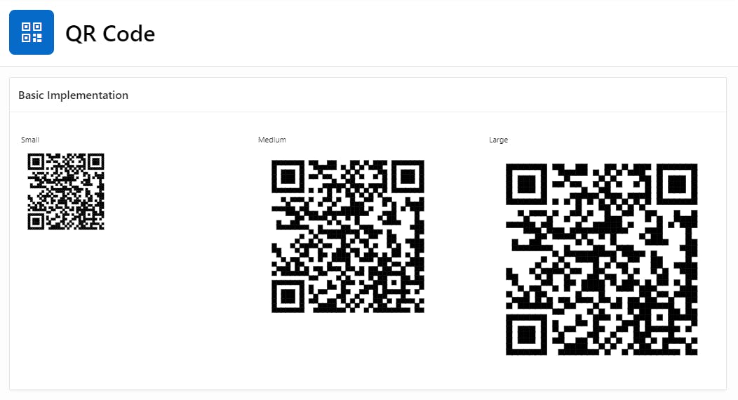 Screenshot showing how the QR Code item type is rendered for the three different sizes