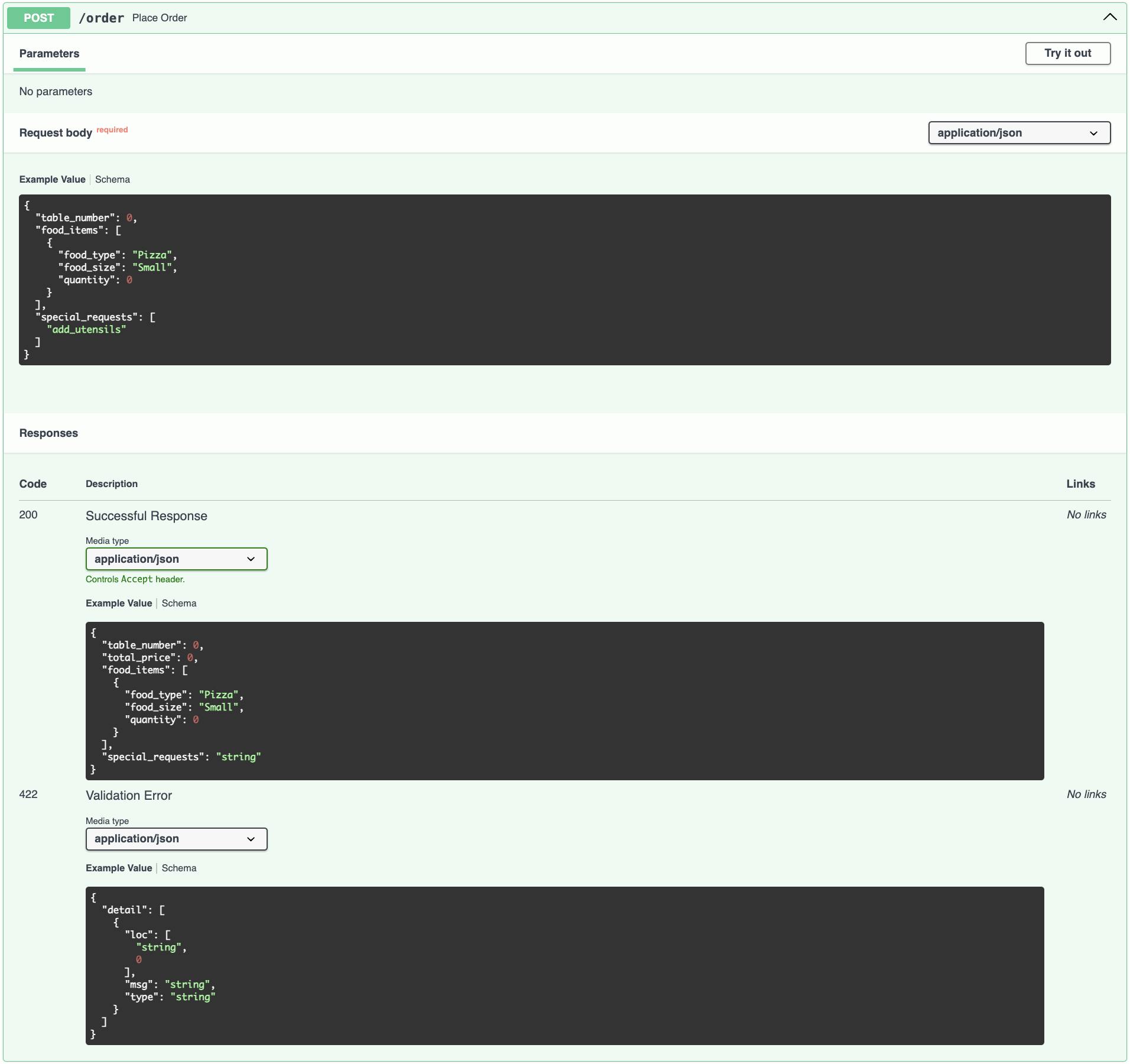 Detailed view of the place_order endpoint in Swagger UI, showcasing FastAPI's ability to describe request parameters, expected body, and responses.