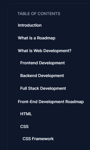 image showing table of content for my article on "Introduction to Front-end web development for Beginners 2023"