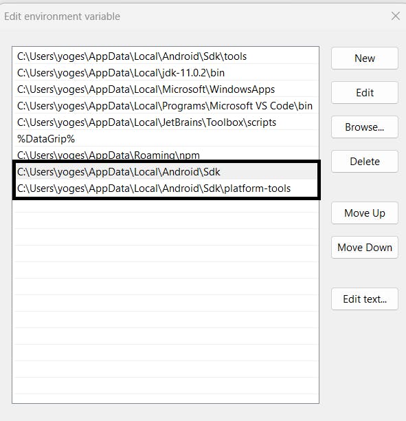 android sdk enviroment variable shown there