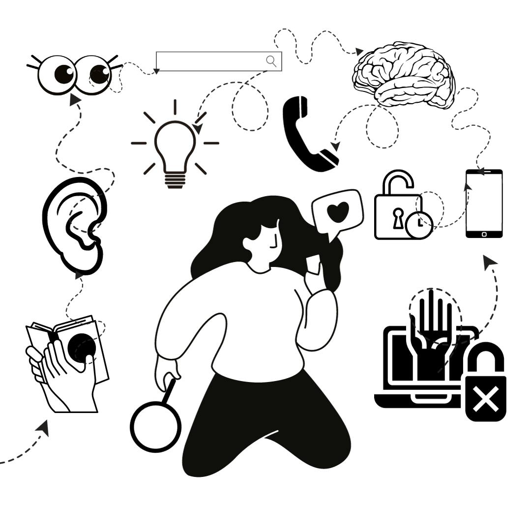 A doodle image of a girl holding a search icon on her right hand and a phone on her left hand--with different icons (a hand holding a book, an ear, a pair of eyes, a light bulb, a brain, a phone, and a padlock) around her.